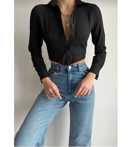 Siyah Beli Lastikli Crop Gömlek