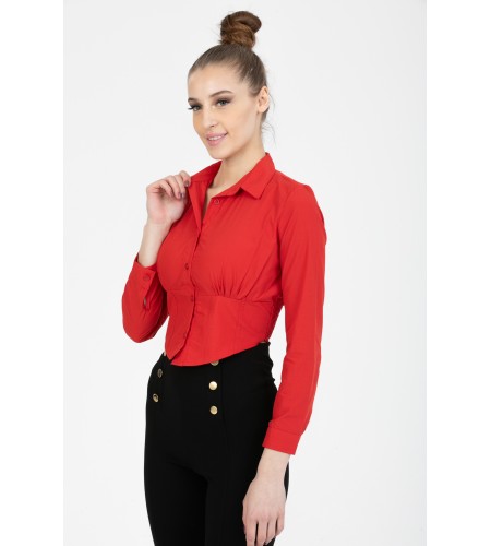 Kırmızı Beli Lastikli Crop Gömlek