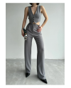 Gri Çizgili Yelek Palazzo Pantolon Takım 