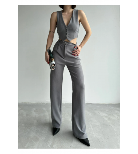 Gri Çizgili Yelek Palazzo Pantolon Takım 