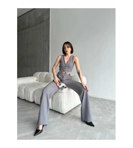 Gri Çizgili Yelek Palazzo Pantolon Takım 