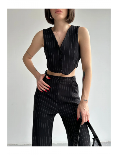 Siyah Çizgili Yelek Palazzo Pantolon Takım