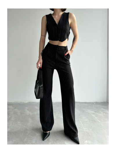 Siyah Çizgili Yelek Palazzo Pantolon Takım