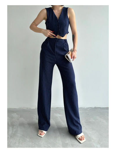 Lacivert Çizgili Yelek Palazzo Pantolon Takım