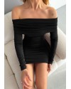 Madonna Yaka Büzgülü Bodycon Uzun Kollu Siyah Elbise