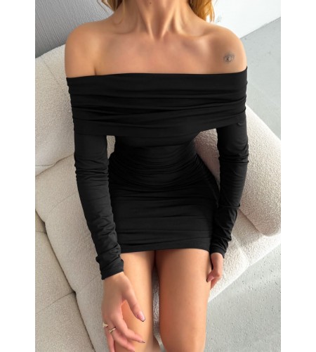 Madonna Yaka Büzgülü Bodycon Uzun Kollu Siyah Elbise