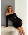 Madonna Yaka Büzgülü Bodycon Uzun Kollu Siyah Elbise