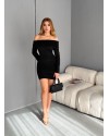 Madonna Yaka Büzgülü Bodycon Uzun Kollu Siyah Elbise