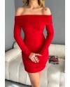 Madonna Yaka Büzgülü Bodycon Uzun Kollu Kırmızı Elbise