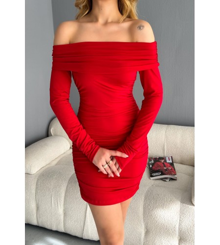 Madonna Yaka Büzgülü Bodycon Uzun Kollu Kırmızı Elbise