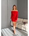 Madonna Yaka Büzgülü Bodycon Uzun Kollu Kırmızı Elbise