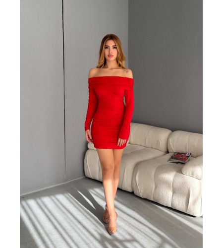 Madonna Yaka Büzgülü Bodycon Uzun Kollu Kırmızı Elbise