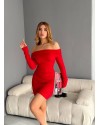 Madonna Yaka Büzgülü Bodycon Uzun Kollu Kırmızı Elbise