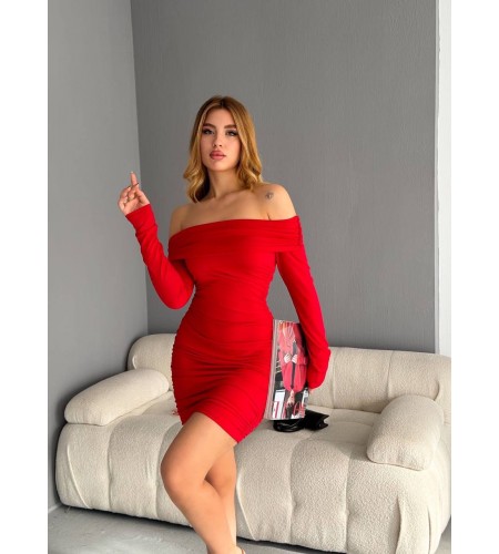 Madonna Yaka Büzgülü Bodycon Uzun Kollu Kırmızı Elbise