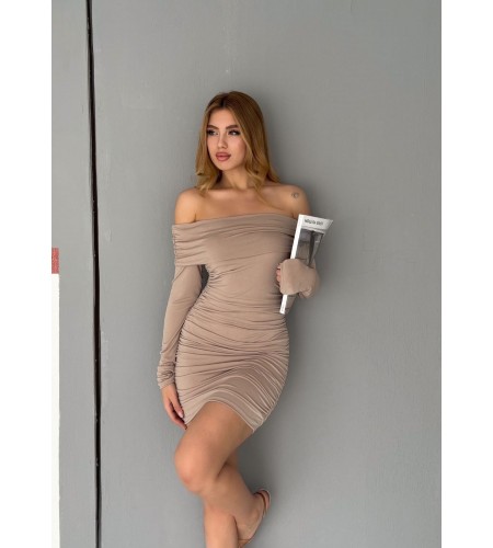 Madonna Yaka Büzgülü Bodycon Uzun Kollu Bej Elbise