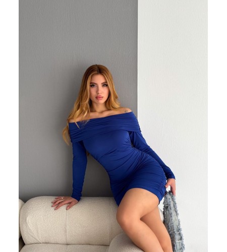 Madonna Yaka Büzgülü Bodycon Uzun Kollu Bej Elbise