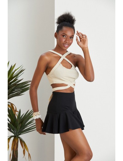 Siyah Fırfırlı Şort Etek Burgu Kumaş