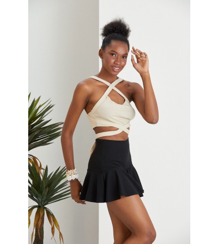 Siyah Fırfırlı Şort Etek Burgu Kumaş