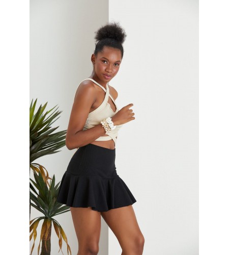 Siyah Fırfırlı Şort Etek Burgu Kumaş