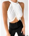  Çapraz Kesim Halter Yaka Önü Büzgü Beyaz Crop