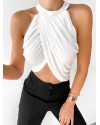  Çapraz Kesim Halter Yaka Önü Büzgü Beyaz Crop