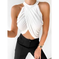  Çapraz Kesim Halter Yaka Önü Büzgü Beyaz Crop