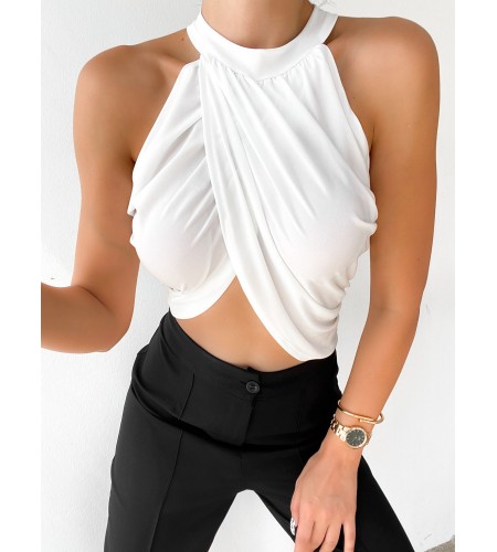  Çapraz Kesim Halter Yaka Önü Büzgü Beyaz Crop