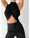 Çapraz Kesim Halter Yaka Önü Büzgü Siyah Crop
