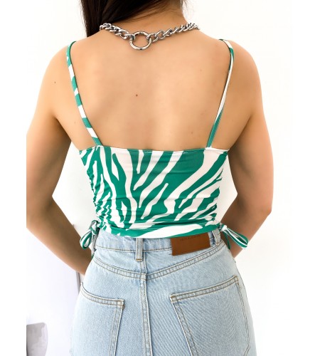 Desenli İp Askılı Yanları Büzgülü Yeşil Crop