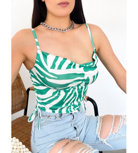 Desenli İp Askılı Yanları Büzgülü Yeşil Crop