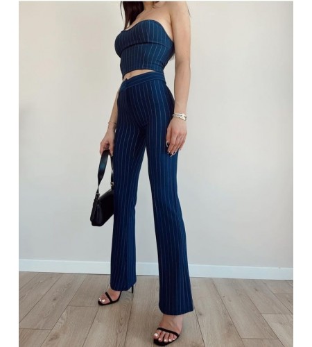 Lacivert Çizgili Büstiyer Pantolon Takım