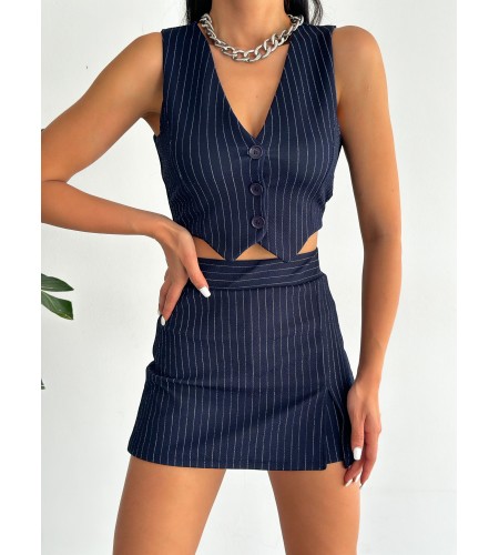 Lacivert Çizgili Etek Ve Yelek Alt Üst Takım