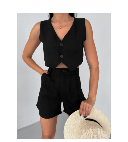 Siyah Keten Şort Ve Yelek Takım