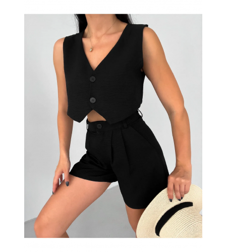 Siyah Keten Şort Ve Yelek Takım