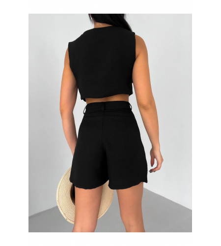 Siyah Keten Şort Ve Yelek Takım