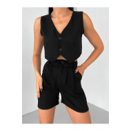 Siyah Keten Şort Ve Yelek Takım