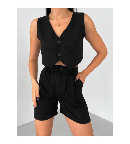 Siyah Keten Şort Ve Yelek Takım