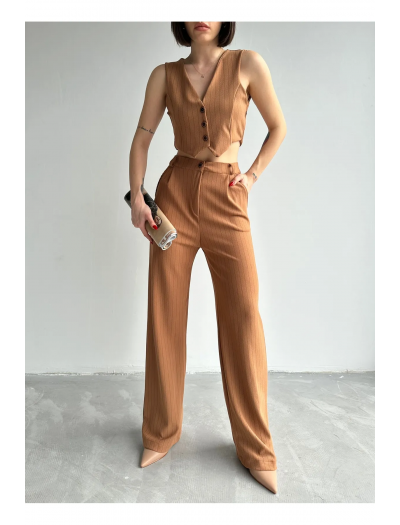 Camel Çizgili Yelek Palazzo Pantolon Takım