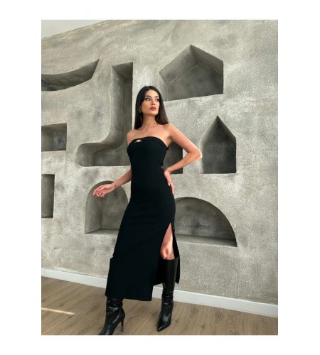 Siyah Straplez Yırtmaçlı Elbise 