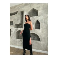 Siyah Straplez Yırtmaçlı Elbise 