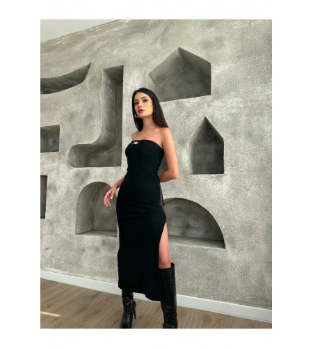 Siyah Straplez Yırtmaçlı Elbise 