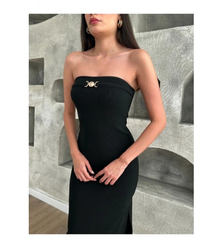 Siyah Straplez Yırtmaçlı Elbise 