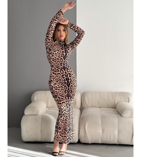 Leopar Desenli Balıkçı Yaka Elbise