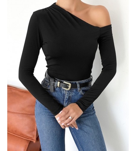 Açık Omuzlu Sandy Örme Siyah Bluz 