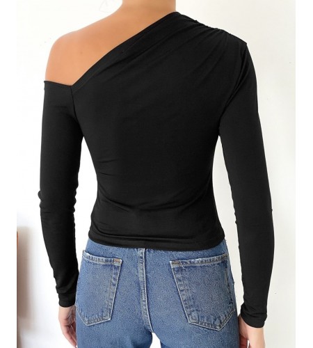 Açık Omuzlu Sandy Örme Siyah Bluz 