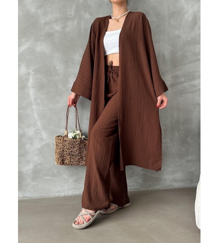 Kahve Kimono Bürümcük Uzun Takım Elbise