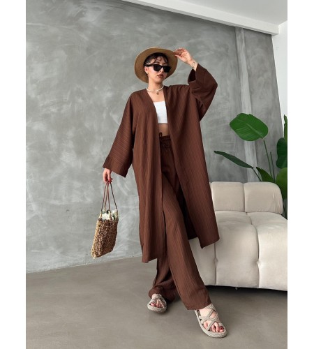 Kahve Kimono Bürümcük Uzun Takım Elbise