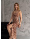 Leopar Desenli Yırtmaç Detaylı Askılı Elbise Özel Tasarım