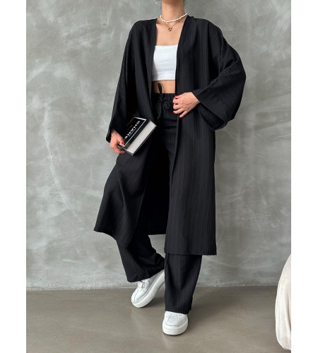 Siyah Kimono Bürümcük Uzun Takım Elbise