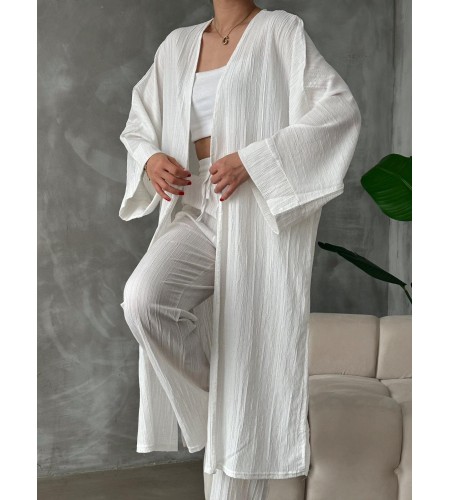 Beyaz Kimono Bürümcük Uzun Takım Elbise